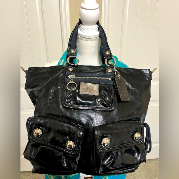COACH POPPY GLOSSY CRINKLE PATENT LEATHER SATCHEL BAG PURSE 13869 BLACK - Picture 1 of 16
